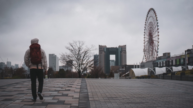 amusement park, adult, photos, apparel, city, bag, clothing, day, person, ferris wheel, footwear, skyscraper, urban life, lifestyles, outdoors, backpack