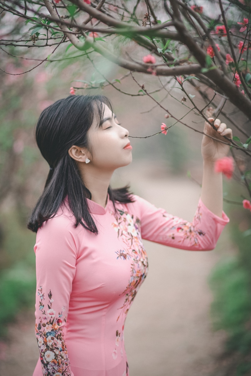 dress, person, ao dai, traditional wear, lady, female, pink color, black, woman, depth of field, 4K, young women, beautiful woman, cute, close-up, flowers