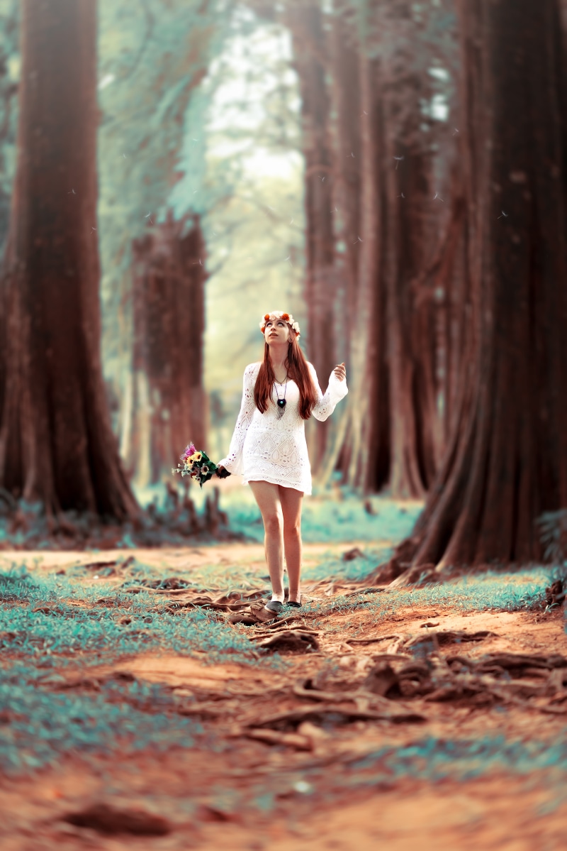 adult, trunk, trees, redhead, real people, one person, young adult, blur, woods, tree, young, full length, travel, woman, leisure activity, looking up