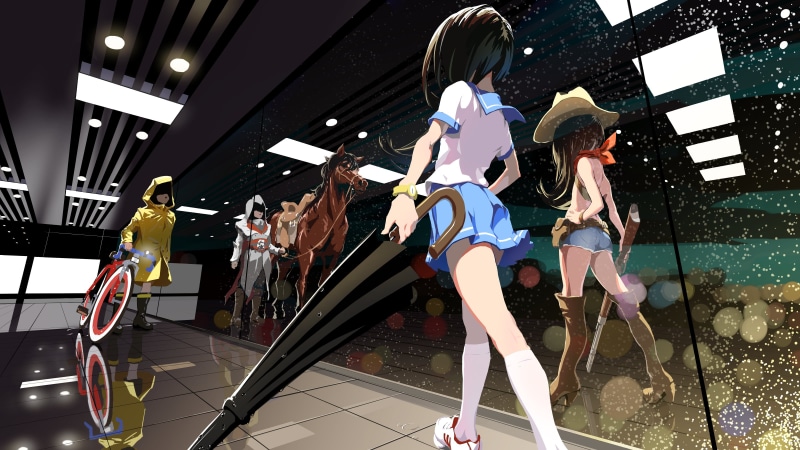 horse, bycicle, mirror, 2K, sailor uniform, red scarfs, long hair, dark hair, anime, hat, umbrella, sneakers, long boots, gun, raincoat, anime girls, mirrored
