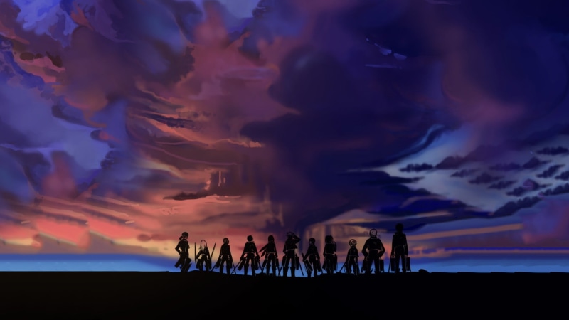 large group of people, sky, water, men, dramatic sky, real people, sunset, character, silhouette, land, anime, night, beauty in nature, Shingeki no Kyojin