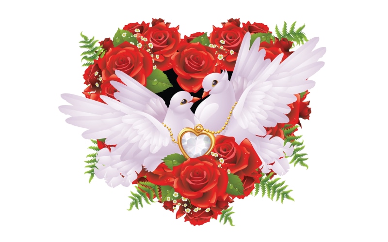 4K, heart, jewelry, hd, love, romantic, red, roses, pigeons, white, diamond, golden, pair