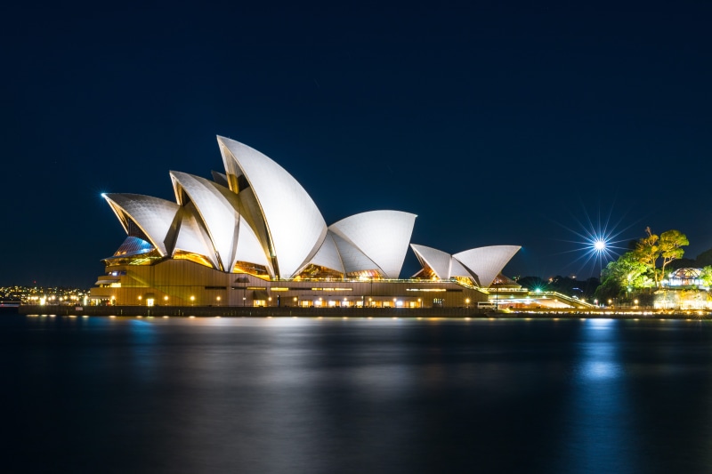 australia, harbor, house, nature, opera, refleciton, modern, dark, reflection, skyscraper, outdoors, sydney opera house, night, light, sky, transportation