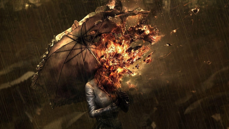 flaming, 1080P, woman, head, fire, holding, flame, digital art, umbrella, rain, illustration, burning, person, 1920x1080