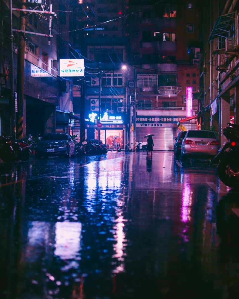 rainy, building, umbrella, real people, architecture, 2K, wet, illuminated, car, connection, street, transportation, building exterior, urban, reflection