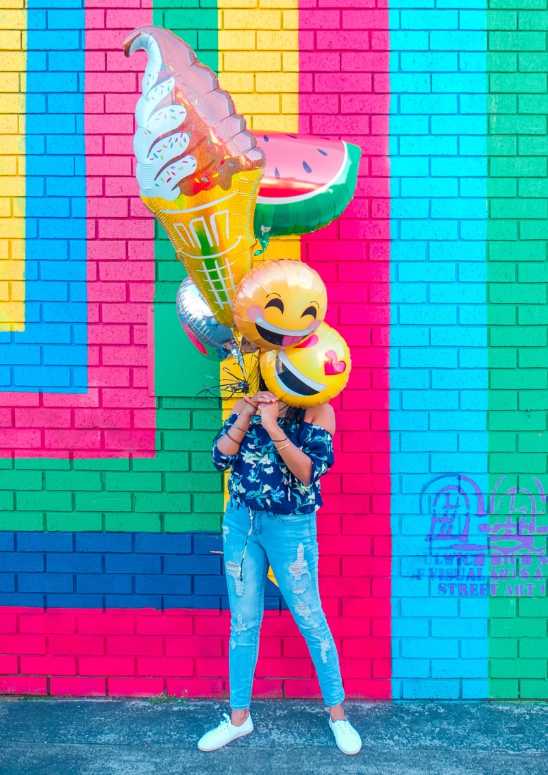 wall, multi colored, party, celebration, representation, colours, woman, ballons, happy, pink, standing, icecream, balloon, party time, emotion, mural