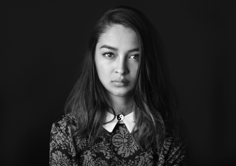 beautiful, black background, self-portrait, indoors, b w photography, color, only women, adult, noise, contrast, top, beautiful woman, hair, wearing, black And White