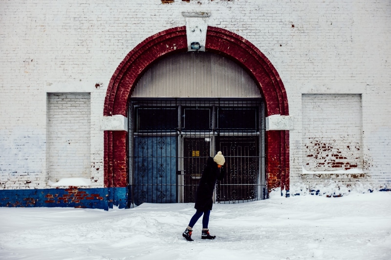 full length, winter, white, door, day, coat, gray, built structure, structure, knit cap, snow, one Person, leisure activity, standing, building, winter coat