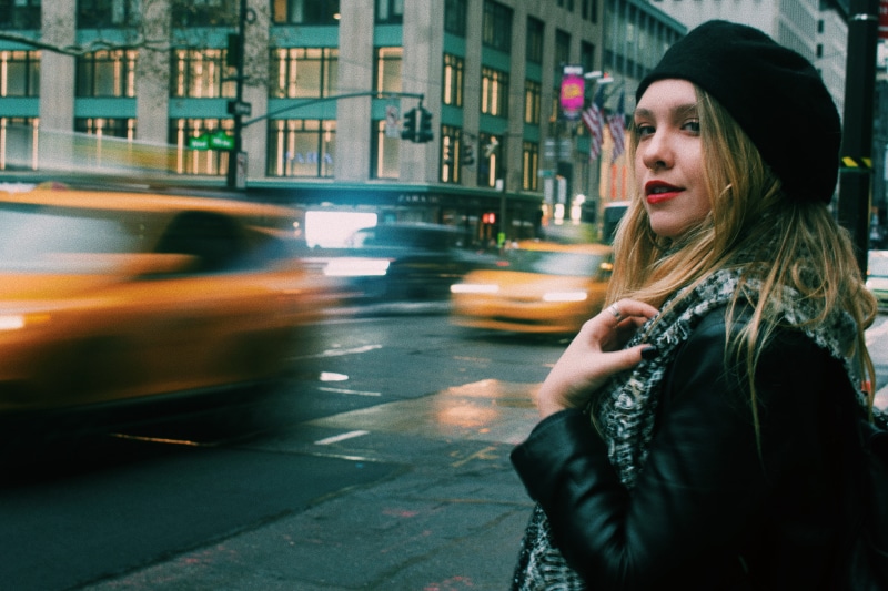 architecture, hair, standing, transportation, young women, car, black, beautiful woman, leather, lapse, 5K, city street, fronting, cars, blurred motion
