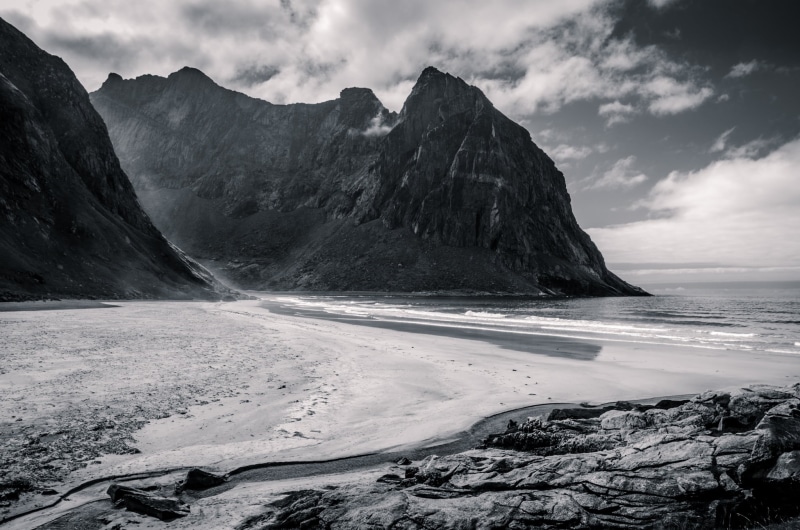 Norway, Plage, de, mountains, mountain, 1080P, beach, grayscale, Mer, la baleine, scenics, water, Norvège, rock - Object, Nordland, Landscape, near, photography
