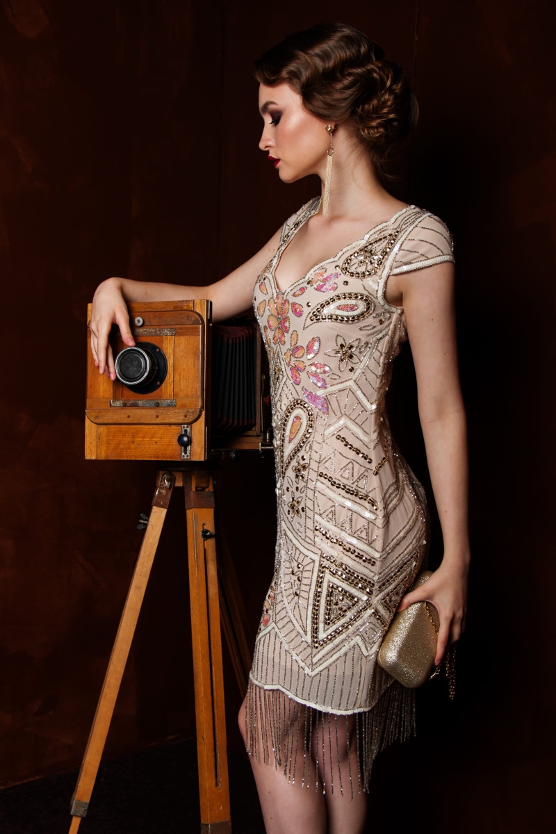 three quarter length, lovely, hairstyle, style, brown, neck, girl, people, camera, standing, 4K, vintage, studio shot, brunet, antique, black background