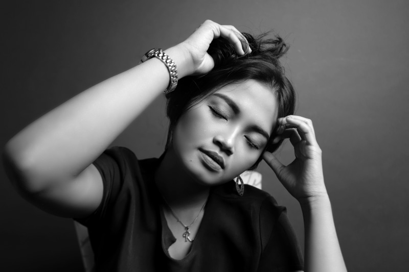 headshot, contemplation, female, young, wear, lifestyles, young adult, woman, fashionable, beautiful, necklace, black and white, 5K, facial expression