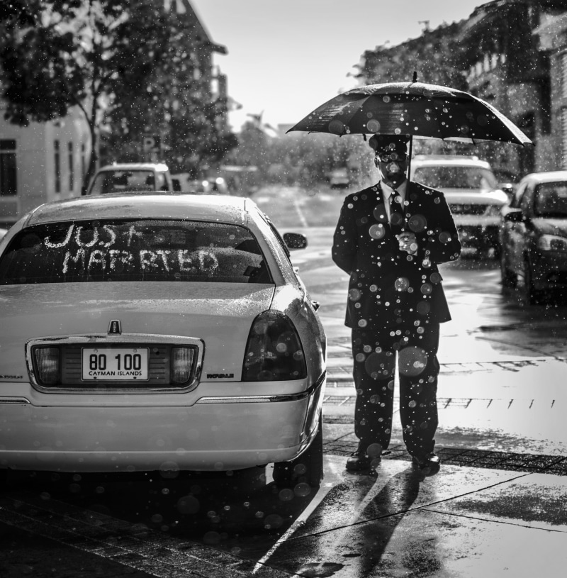 car, romance, love, rainy season, wedding couple, holding, motor vehicle, groom, dress, woman, land vehicle, person, celebration, nature, married, mode of transportation
