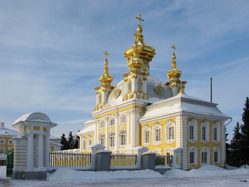 church, russian, grand, winter, peterhof, animals, gleaming, snow, palace, saint, 2K, petersburg