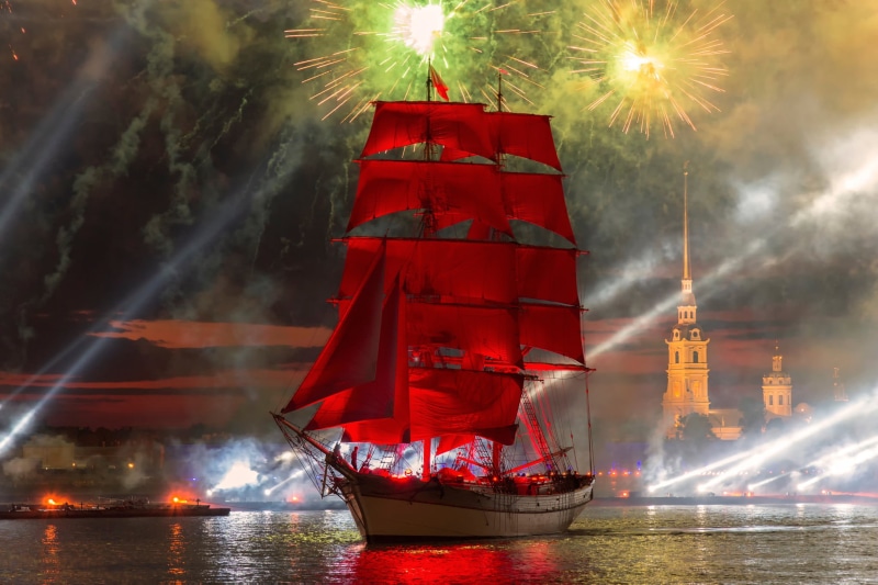 color Image, sea, white, smoke - physical structure, cloud - sky, outdoors, celebration, Scarlet sails, 2015, famous Place, sky, nautical Vessel, cityscape