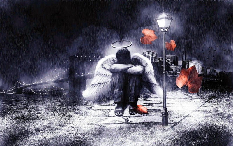 angel, maple, white, autumn, 3d and abstract, sad, 1080P, rain, wings, s, men, photo