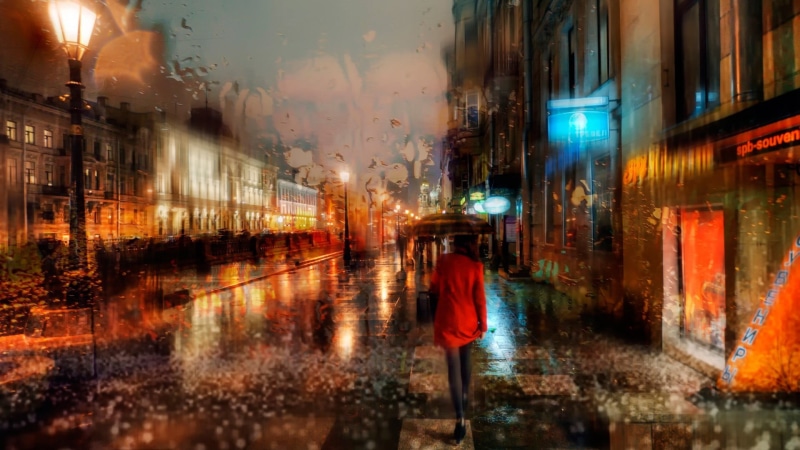1080P, night, city, building, one person, illuminated, motion, rain, building exterior, reflection, outdoors, water, rainy season, umbrella, wet, architecture
