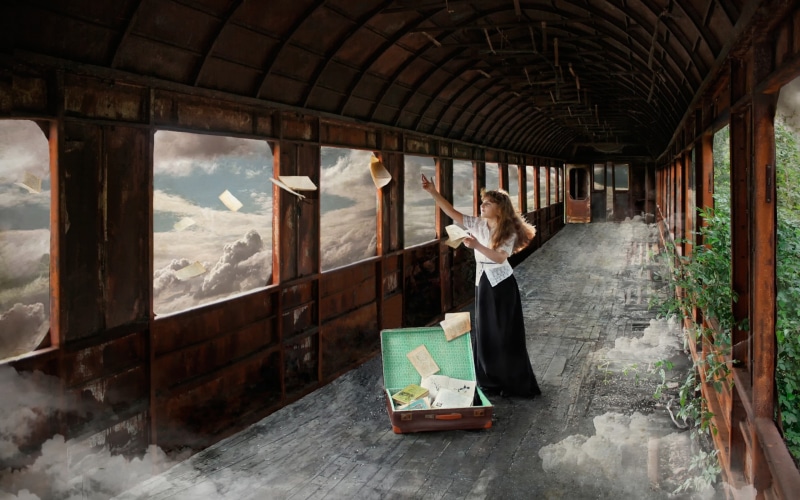 Books, Girl, painting, Suitcase, Clouds, Pictures, Creative, corridor, woman, Car, 2K