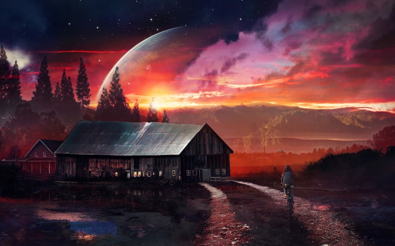 Girl, Planet, House, Sunset, 2K, Pictures, Road, Art, Bike, Creative