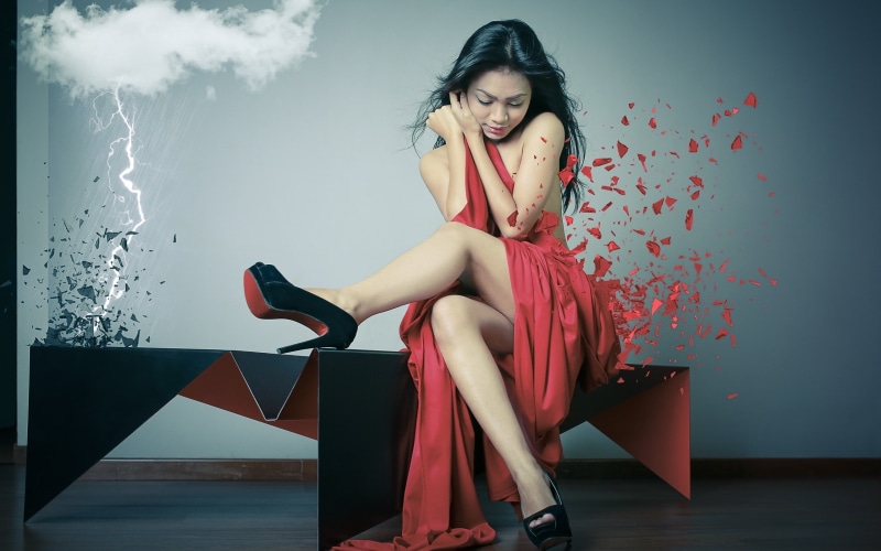 Red, Clouds, Dress, 2K, Creative, women, Girl, length, Lightning, s, Pictures, floor