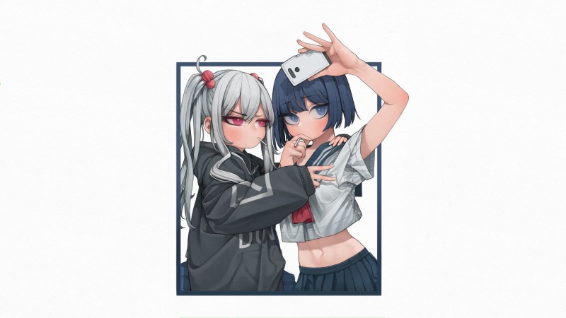 blue hair, school uniform, 1080P, picture-in-picture, selfies, minimalism, anime girls, anime, white hair, sailor uniform, manga, simple background, white