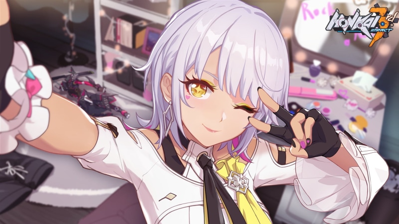 anime girls, video games, yellow eyes, 1080P, shoulder length hair, Honkai Impact, digital art, artwork, selfies, white hair, Honkai Impact 3rd