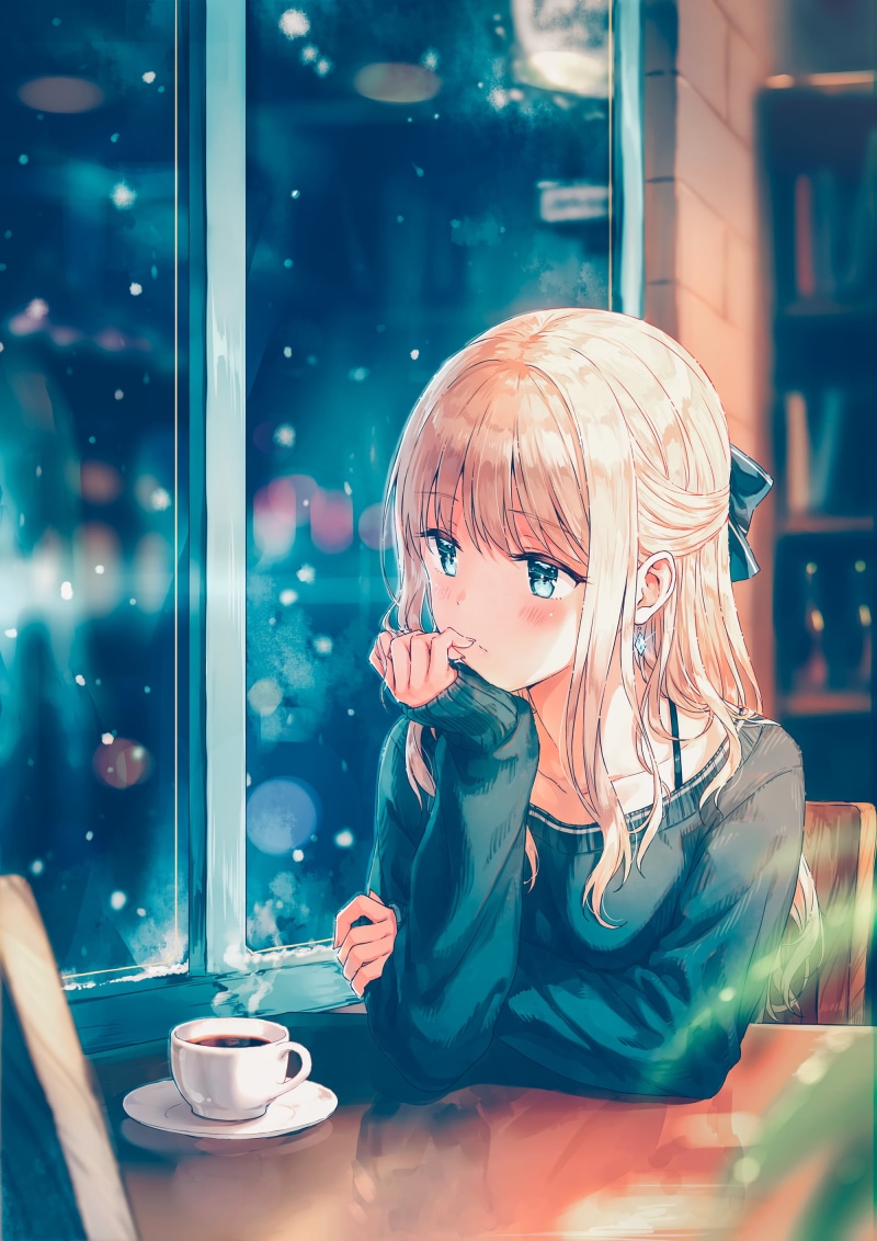 heat - Temperature, crew, illustration, black, women, 2K, coffee Shop, lifestyles, anime girls, table, one Person, happiness, blonde, coffee, childhood