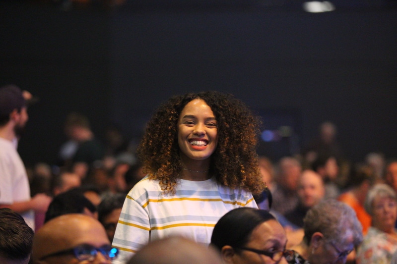 lady, girl, people, women, human, striped, glasses, headshot, haircut, fun, sitting, blue, woman, leisure activity, watching, weekend activities, gig, shirt