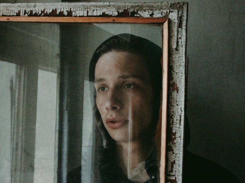 portrait, woman, vintage, indoors, mid adult, facing, human, through window, glass, girl, 4K, black hair, close-up, frame, leisure activity, face, real people