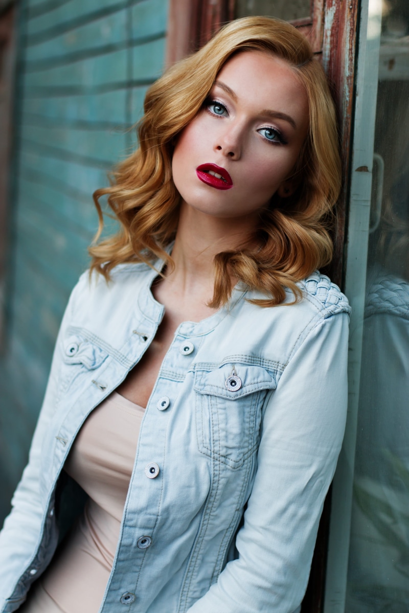 wooden wall, 4K, looking at camera, red hair, jacket, neck, model, loft, lipstick, girl, woman, photo, professional, female, women, young adult, beautiful woman