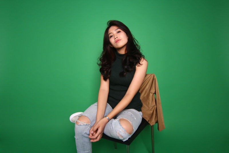 facial expression, studio shot, photo shoot, young, beautiful woman, model, girl, casual clothing, colored background, black hair, photo session, 4K, posing