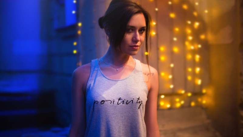 adult, portreath, architecture, women, casual clothing, hairstyle, city, standing, girl in a vest, moscow city, outdoors, contemplation, night view, nightlife