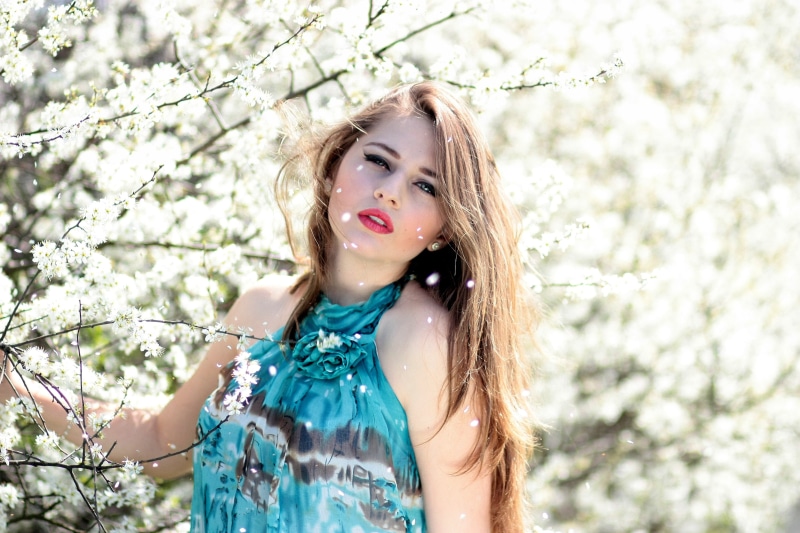 posing, females, adult, beautiful woman, tree, plant, woman, hair, plants, outdoors, teenager, blue, portrait, long hair, flowering, beautiful, photography