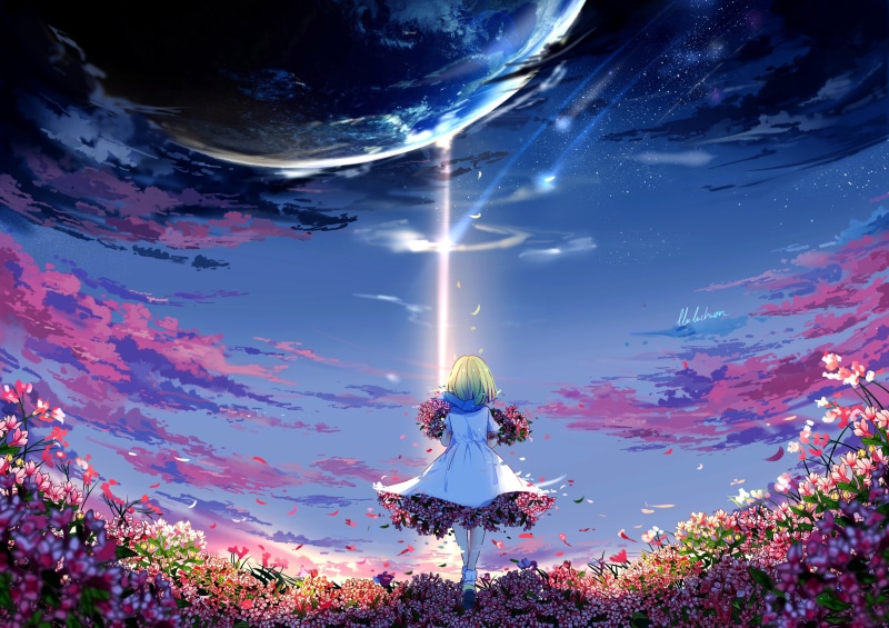 sky, flowering plant, anime, environment, representation, human representation, green hair, flowers, digital composite, clouds, looking into the distance