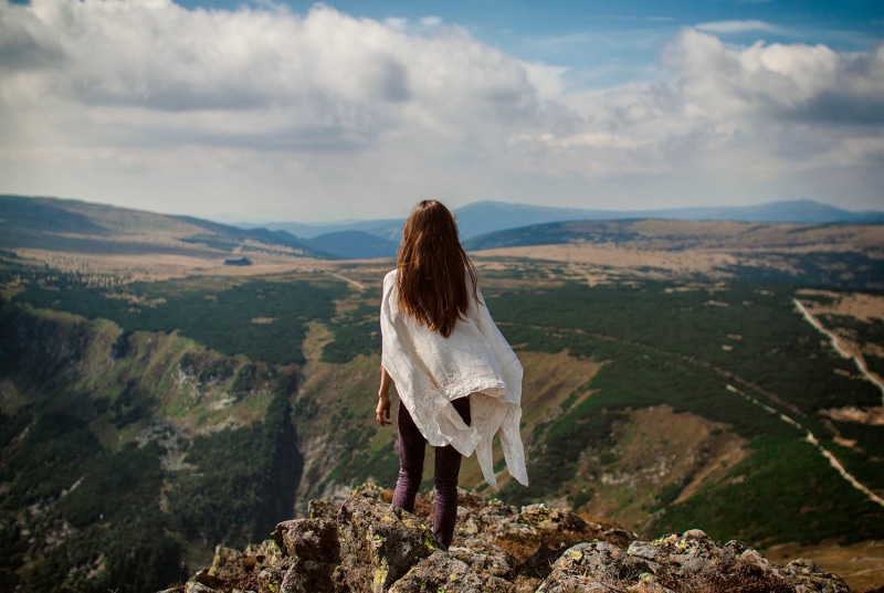 from behind, 720P, long hair, brunette, mountains, landscape, women, nature