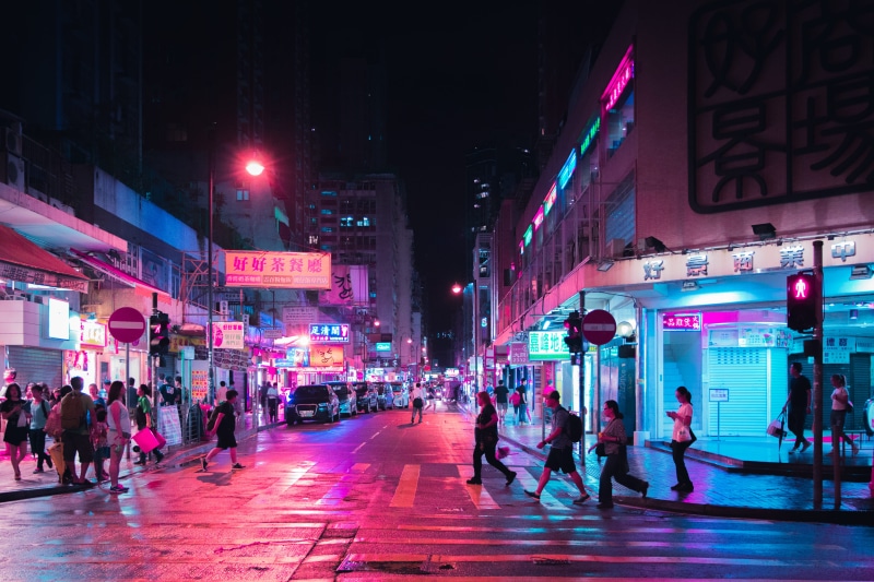 nighttime, group of people, walking, city life, pedestrian, lane, signs, built structure, urban, crowd, people, motion, city street, nightlife, illuminated