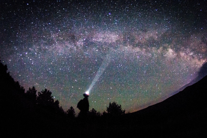 flashlight, 5K, photography, dark, man, sky, space and astronomy, night, silhouette, nature, tranquility, scenics - nature, tranquil scene, pointing, nighttime