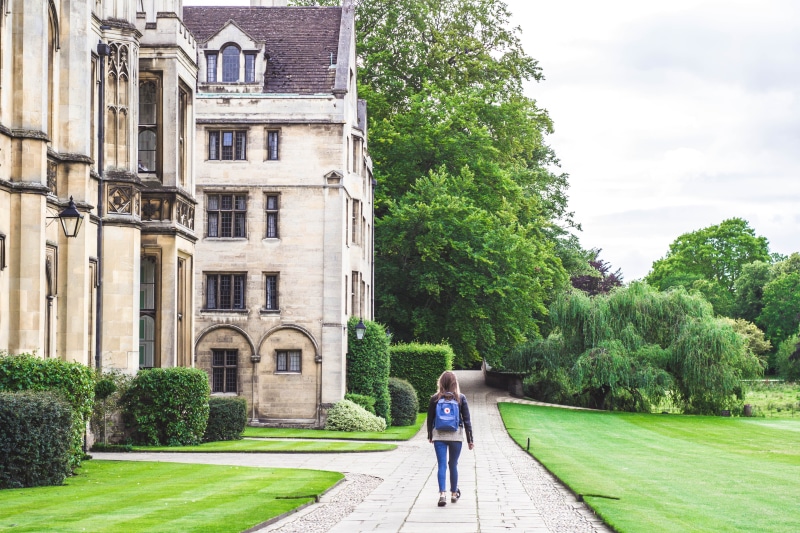 built structure, trees, high, 4K, girl, full length, lifestyles, england, white, rear view, university, plant, architecture, daytime, house, travel, nature