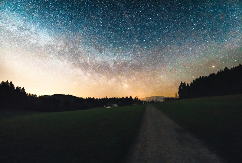 star - space, road, pathway, forest, 8K, night sky, idyllic, galaxy, gray, scenics - nature, diminishing perspective, tree, direction, star, landscape