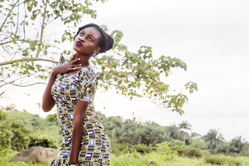 hand, up, woman, green, cute, wearing, ankara, lovely, lady, growth, people, three quarter length, caucasian, thinking, nature, healthy, smile, standing