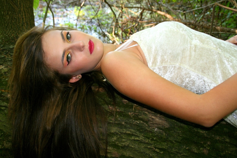 outdoors, floral, females, lying, wearing, smiling, beauty, beautiful, sleeveless, headshot, long hair, brown hair, caucasian Ethnicity, one Person, women