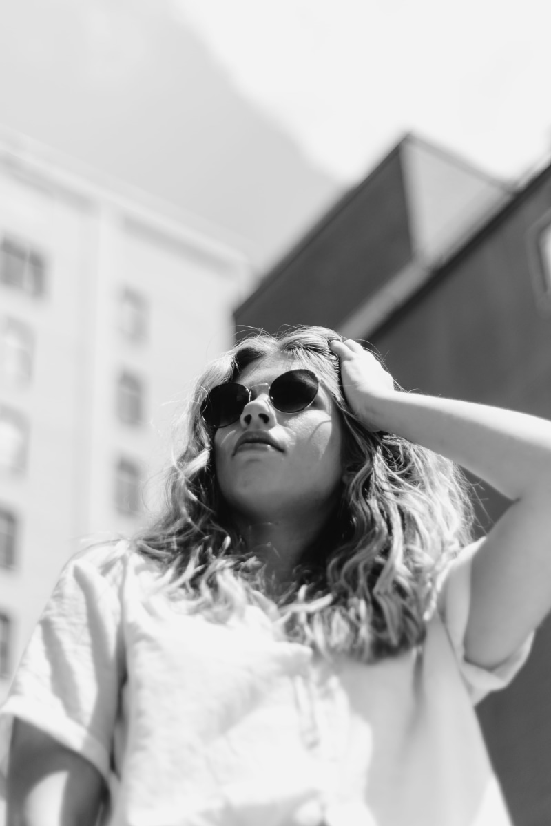 low angle view, architecture, sky, standing, low angle, young women, glasses, day, female, glasees, contemplation, near, casual clothing, sunglasses, chattanooga