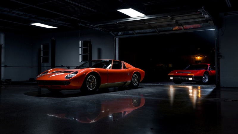 lamborghini miura, illuminated, garage, supercar, mode of transportation, 1080P, reflection, transportation, no people, lighting equipment, built structure