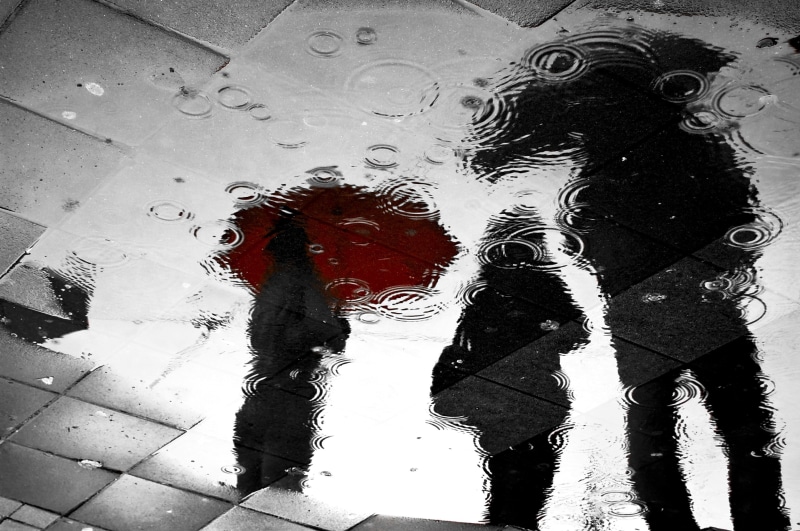 city, flooring, street, rain, tile, puddle, 2K, wet, tiled floor, red, day, water, umbrella, reflection, drop, unrecognizable person, real people, high angle view
