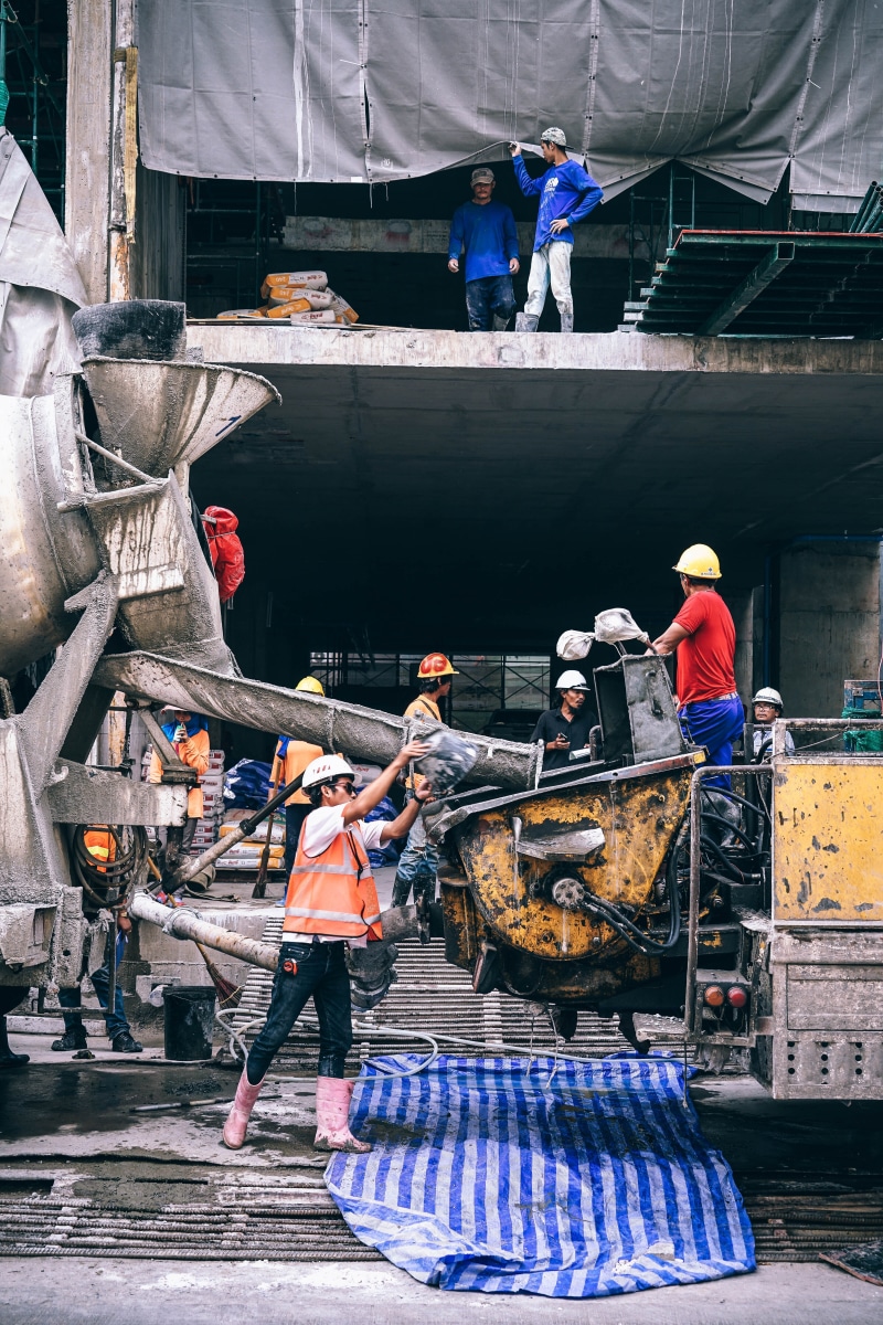 protective workwear, mold, men, working, wheel, 5K, architecture, foundation, clothing, daytime, mixer, liquid, occupation, building, building-work, construction industry