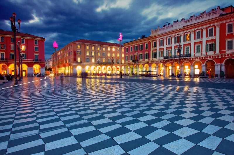 building, street, illuminated, Place Massena, surrounded, buildings, city, outdoors, travel destinations, nature, night, building exterior, 1080P