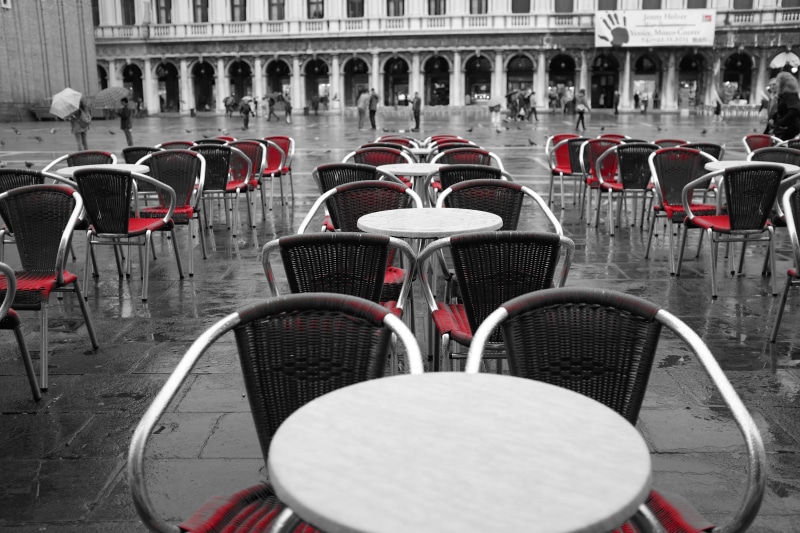 bicycle, Piazza San Marco, cafe, tables, people, chairs, chair, arrangement, color, Italy, steel, wet, terrace, building exterior, sidewalk cafe, Venice