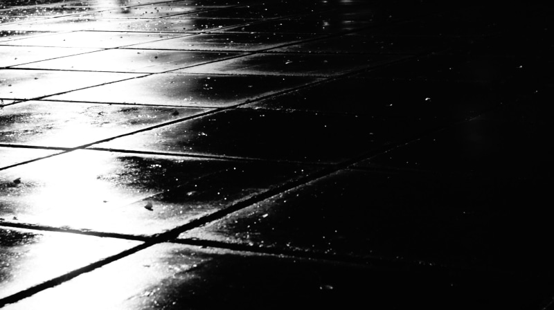 close-up, street, bw, 2K, outdoors, water, no people, pattern, city, nature, wet, day, tiled floor, asphalt, high angle view, road, dark, rain, drop, full frame
