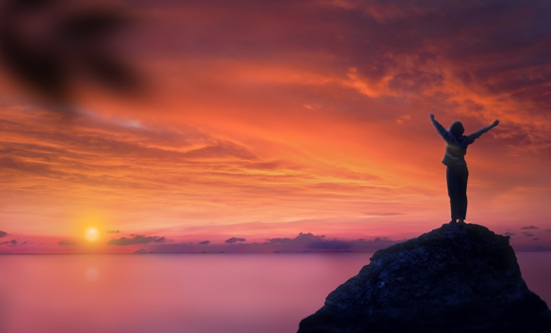 happy, orange color, one person, ocean, tranquility, rock, standing, sun, body part, luck, human arm, sea, hope, girl, human limb, beach, sunrise, relaxation