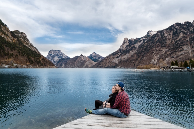 wooden, man, smile, cloud - sky, lake, mountain peak, lookup, sweet, woman, people, nature, two people, mountain range, outdoor, vacations, love, mountains